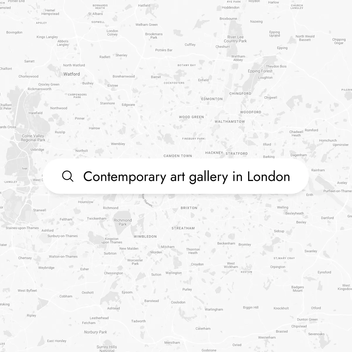 mockup of a search of 'contemporary art gallery in London' overlayed on a map